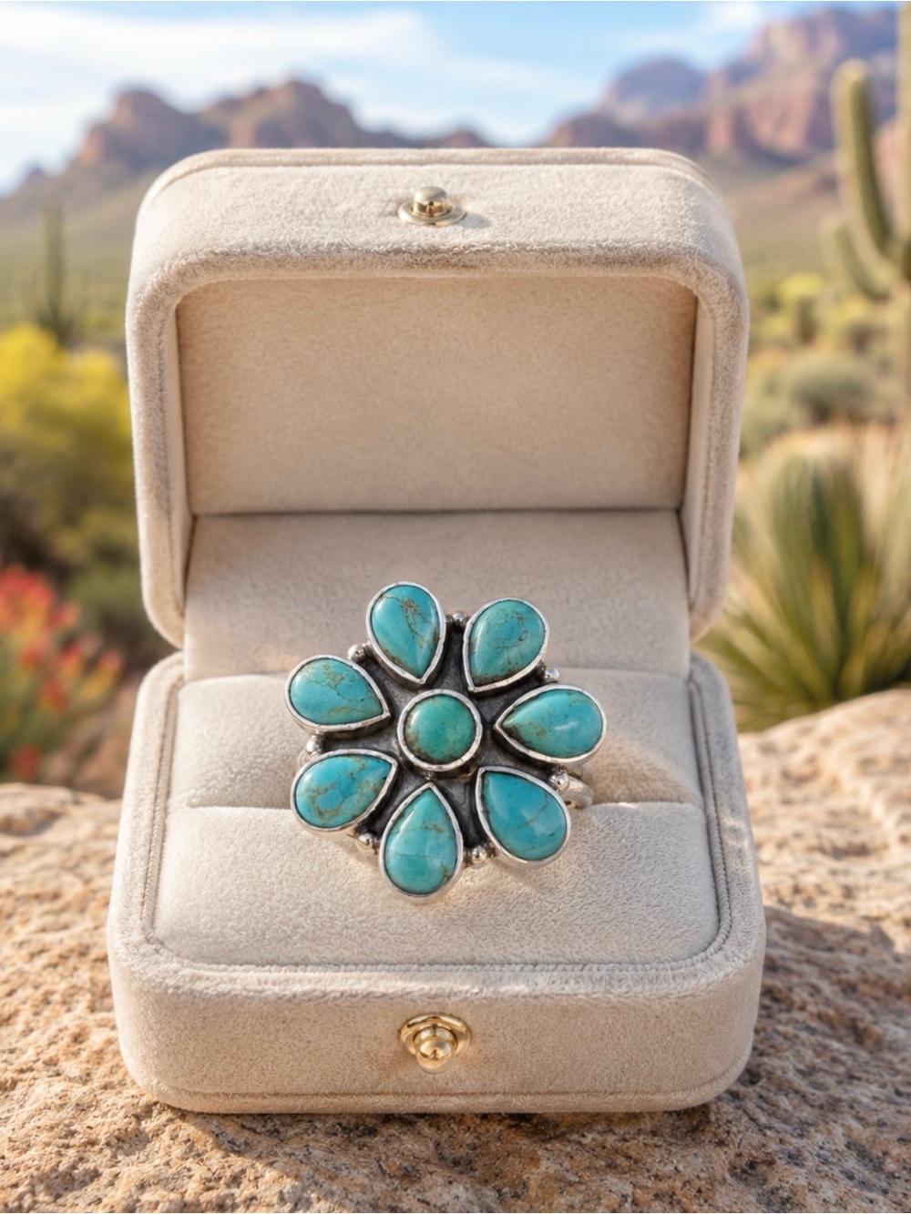 Turquoise Flower Design Statement Ring 925 Sterling Silver
